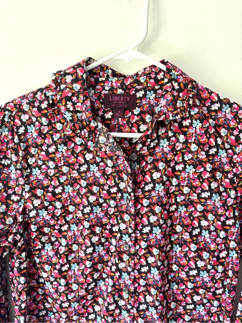 J. Crew Liberty Floral Print Sarah Button Down Front Neck Tie Preppy Black Pink